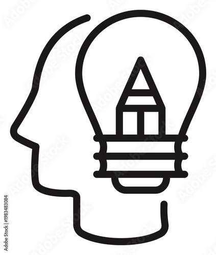 Fotografi Minimalist black vector icon illustration of a human head profile with a lightbulb and pencil tip inside, representing creative thinking, innovative ideas, brainstorming, and design process