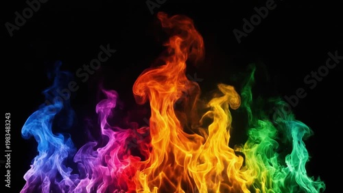 黒背景に燃え上がるレインボー炎 7色カラーフレイム抽象映像素材 Rainbow Fire Flames on Black Background 7 Color Abstract Motion Video
