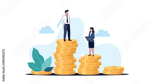 Gender pay gap concept showing a businessman and businesswoman standing on unequal stacks of gold coins representing income disparity.