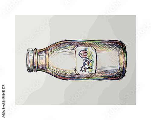 Glass milk bottle with simple cap and smooth cylindrical form representing fresh dairy from farm source in expressive vibrant