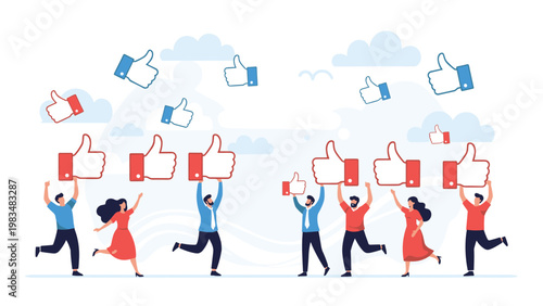 Diverse group of people celebrating by holding up large red and blue thumbs up icons representing social media likes and approval.