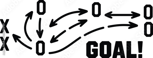 Sports strategy tactic board with black arrows and icons showing game plan movement to achieve a winning goal success,