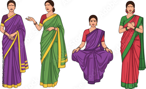 Indian women wearing saree in different poses isolated on white background, elegant female characters in traditional ethnic clothing vector illustration