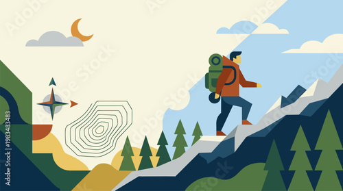 Outdoor adventure poster scene in S004-V1 functional Bauhaus geometry,  same domain comparison round, disciplined - outdoor, adventure, poster, scene, s004-v1, functional, bauhaus, geometry