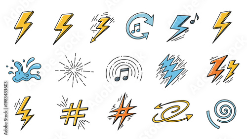 Variety of hand drawn doodle symbols including lightning bolts, music notes, water splashes, and hashtags in a colorful sketch style.
