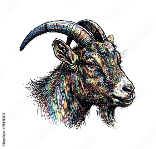 Goat head portrait in three-quarter view with curved horns and narrow muzzle forming distinctive farm animal facial structure in