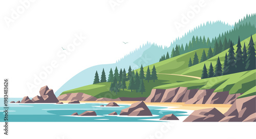 A serene coastal landscape features rolling green hills with dense pine trees and jagged rocky cliffs overlooking a calm blue ocean under a clear sky.