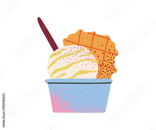 Icon of flat hand drawn ice cream with waffle. Sweet icecream, cold milk snack for kids. Ball of sorbet, gelato, juice. Frozen summer dessert.