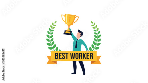 Successful employee holding up a gold trophy while being framed by a green laurel wreath with the text best worker on a banner.