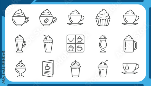 Large Collection of Coffee and Dessert Icons Featuring Whipped Cream Latte, Cupcake, Ice Cream Sundae, Frappuccino and Cafe Menu Outline Graphic Elements Vector Set