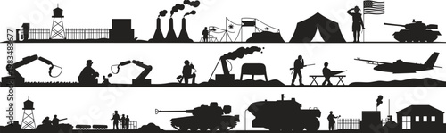 Black and white silhouette of various animals and in a row elephant giraffe