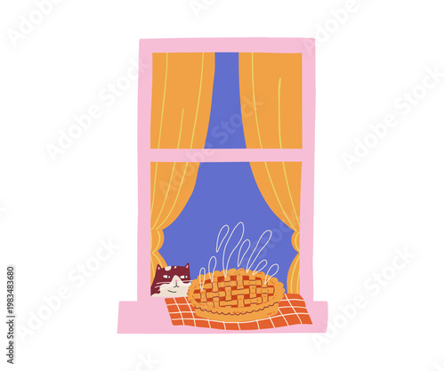 A cute cat is sitting on the window sill of a strawberry pie.. A cup of hot drink and cookies in a jar. Cozy flat illustration.