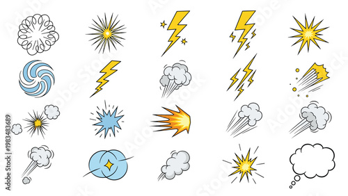 Dynamic set of hand drawn comic book action symbols including explosions, lightning bolts, and smoke clouds for graphic storytelling.