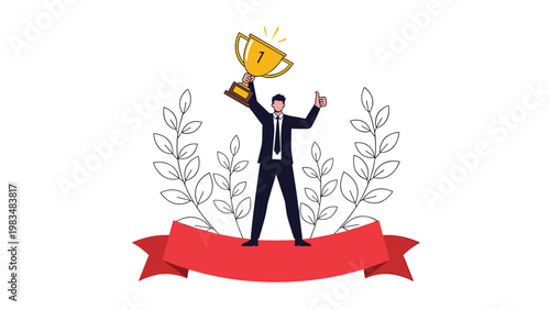 Proud businessman holding a gold number one trophy in front of a red banner and laurel leaves celebrating professional success.