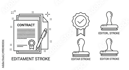 Contract Document with Pen and Approval Stamps Icons.