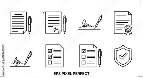 Set of contract and document icons with signature and checklist.