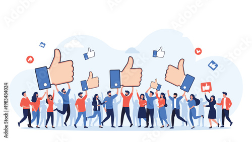 Large enthusiastic crowd of people holding up blue thumbs up icons to show social media approval and positive feedback support.