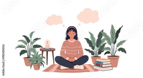Illustration of a serene young woman meditating in the lotus position on a patterned rug, surrounded by potted houseplants against a clean white background, with a soft, pastel color