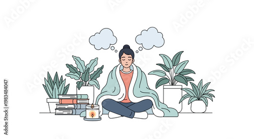A serene woman meditating in a lotus position, wrapped in a cozy blanket with thought bubbles above her head, surrounded by potted plants and books against a clean white background
