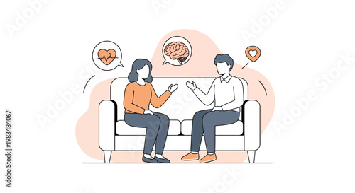 Line art style illustration of a man and woman sitting on a sofa in conversation with speech bubbles, depicting mental health and emotional support against a clean white background
