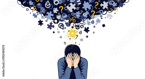 A distressed person covering their face with hands is depicted with puzzle pieces and question marks emanating in a dark cloud above, set against a stark white background and rendered