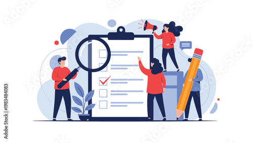 Team of miniature office workers using a magnifying glass and pencil to mark items on a giant checklist for project management.