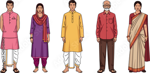 Indian people in traditional clothing set isolated on white background, men and women wearing ethnic outfits vector illustration collection