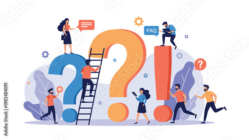 Group of tiny people interacting with giant question marks and an exclamation point to solve problems and find information.