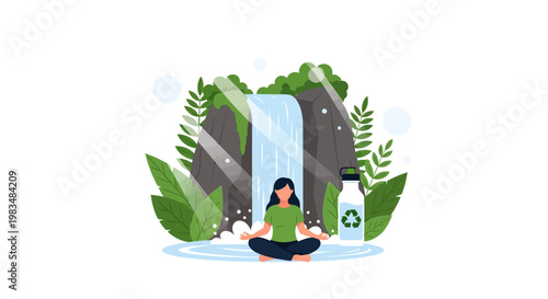 Against a bright white background, a woman in a green shirt is meditating in a lotus position near a waterfall and reusable bottle, with a vector illustration style conveying a sense