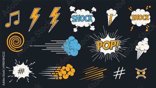 Retro comic book sound effects and action bubbles with text like shock and pop on a dark blue background for creative storytelling designs.