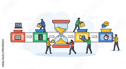 Conceptual illustration of time management and productivity with people interacting around a large hourglass and digital devices.
