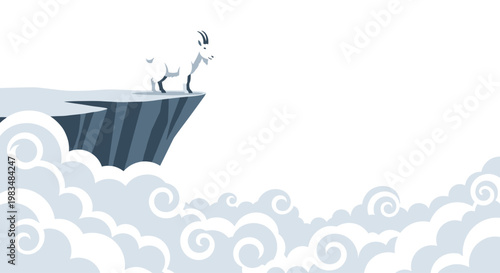 A pristine white mountain goat stands on the edge of a dark grey cliff overlooking a vast sea of swirling stylized white clouds under a clear sky.