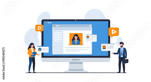 Business professionals collaborating on a digital online profile interface.
