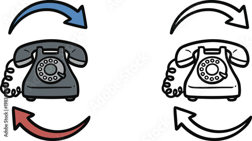 Hand drawn doodle style classic rotary telephone with circular arrows vector illustration representing customer service call back and communication loop.