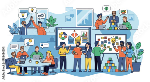 Creative team collaborating on innovative project in modern office environment.