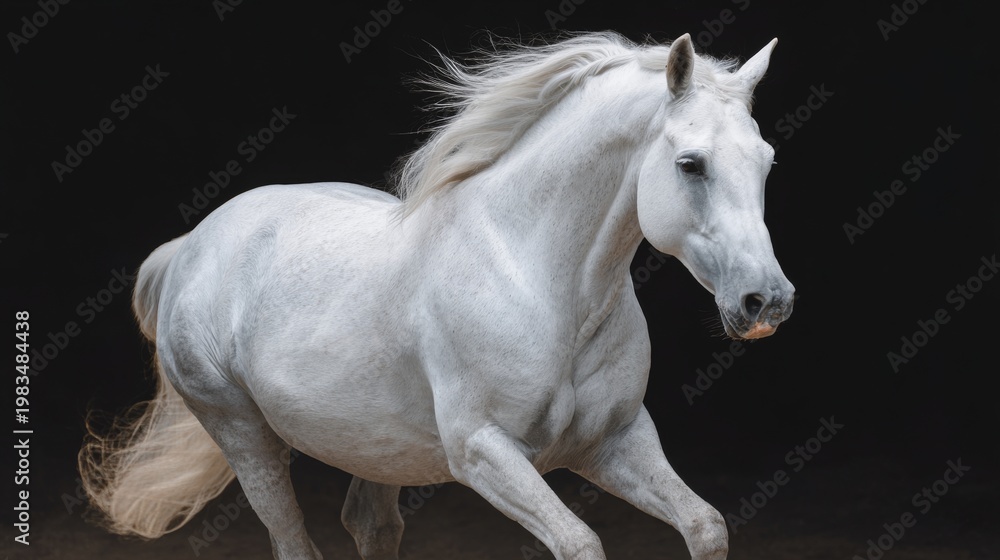 Naklejka premium White horse running in motion isolated on dark background studio