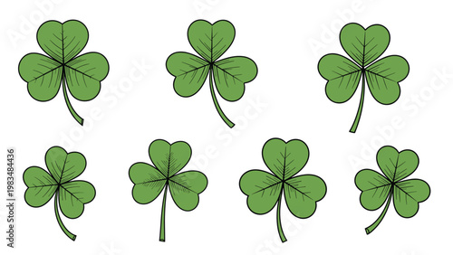 Collection of traditional green three leaf clover icons often associated with Saint Patricks Day and Irish cultural symbols of good luck.