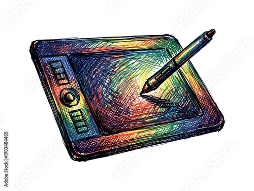 Graphics tablet with stylus pen resting on surface forming digital drawing tool used by creative freelancers in expressive vibrant