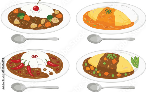 Japanese Curry Rice and Omelette Dishes Collection with Chicken Vegetable Curry Omurice and Spicy Variations Top View Food Vector Illustration Set
