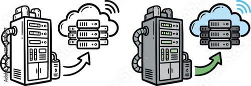 Hand drawn doodle style server rack syncing with cloud storage vector illustration representing web hosting infrastructure and remote data center backup.