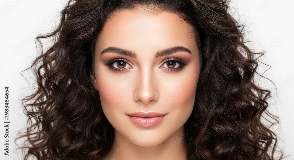 Fototapeta premium Portrait of a beautiful young woman with voluminous curly brown hair and perfect skin looking at camera