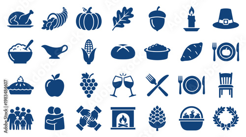 Thanksgiving Icons Collection Festive Symbols of Autumn Harvest Celebration and Family Gathering