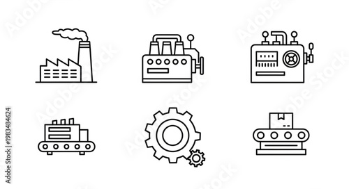 Set of industrial factory and machine icons in a simple line art style.