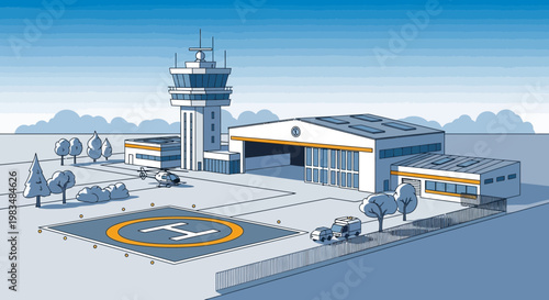 Small Airport Scene with Control Tower, Hangar, Helipad, and Vehicles