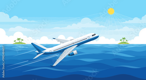 Airplane flying over ocean with islands and sun, travel concept
