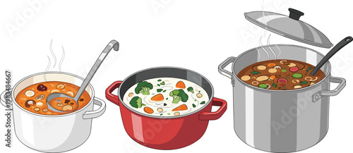 Cooking Soup Pots Collection with Boiling Stew Vegetable Soup and Ladle Serving in Different Saucepan Styles Kitchen Vector Illustration Set