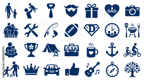 Collection of Father's Day icons celebrating family love hobbies and dad's activities with a blue and white color scheme