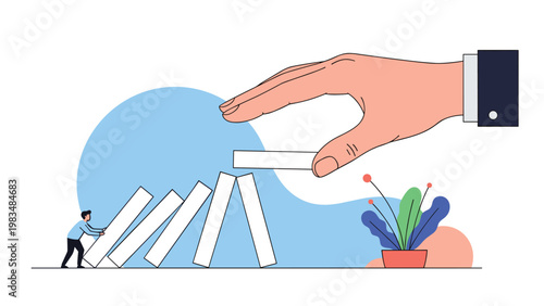 Risk management concept with a small person pushing over dominoes while a large hand intervenes to stop the chain reaction of failure.