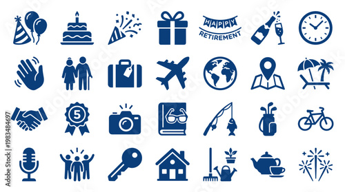 Collection of retirement and celebration icons representing travel, hobbies, and new beginnings with a blue and white color scheme