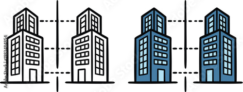 Hand drawn doodle style comparison of two corporate office buildings vector illustration representing real estate development, business merger, and branch expansion.